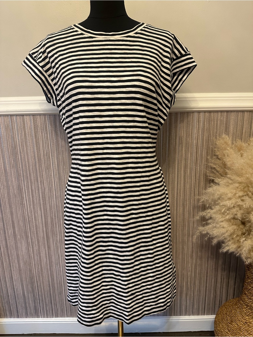 J.Crew Black White Striped T-Shirt Dress Tie Waist Fair Trade Cotton Medium